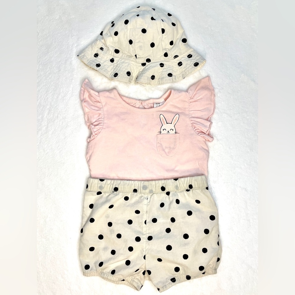 H&M Baby Outfit Bunny Rabbit 3-piece Set (Top+Shorts+Hat) 4-6 Mos Spring Easter